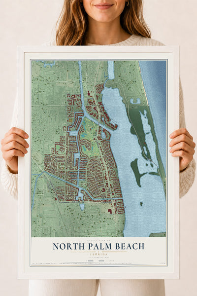 North Palm Beach, Florida map print, 18" x 24" W/ White Ayous Wood Frame mockup
