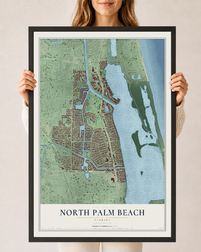 North Palm Beach, Florida map print, 24" x 36" W/ Black Ayous Wood Frame mockup