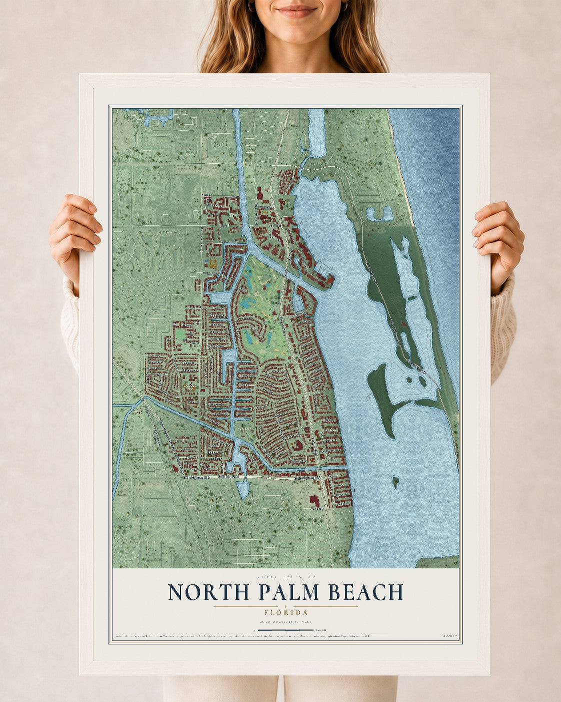 North Palm Beach, Florida map print, 24" x 36" W/ White Ayous Wood Frame mockup