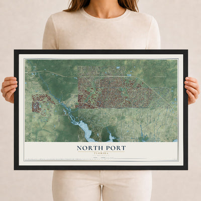 North Port, Florida map print, 12" x 18" W/ Black Ayous Wood Frame mockup