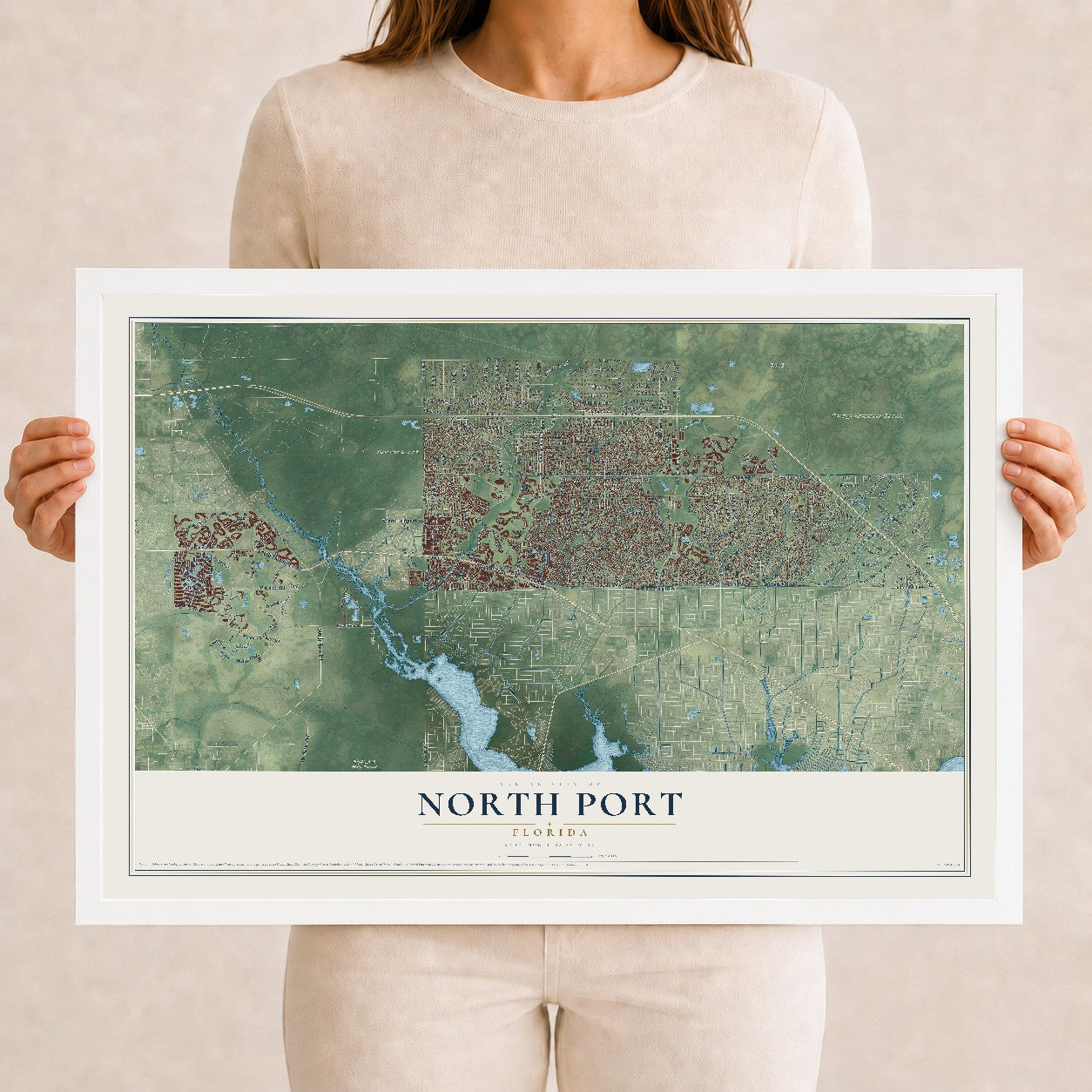 North Port, Florida map print, 12" x 18" W/ White Ayous Wood Frame mockup