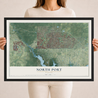 North Port, Florida map print, 18" x 24" W/ Black Ayous Wood Frame mockup