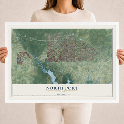 North Port, Florida map print, 18" x 24" W/ White Ayous Wood Frame mockup