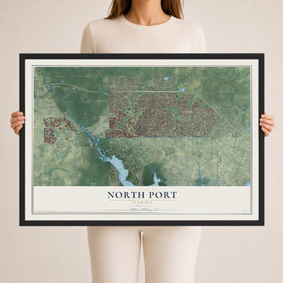 North Port, Florida map print, 24" x 36" W/ Black Ayous Wood Frame mockup