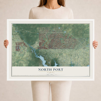North Port, Florida map print, 24" x 36" W/ White Ayous Wood Frame mockup