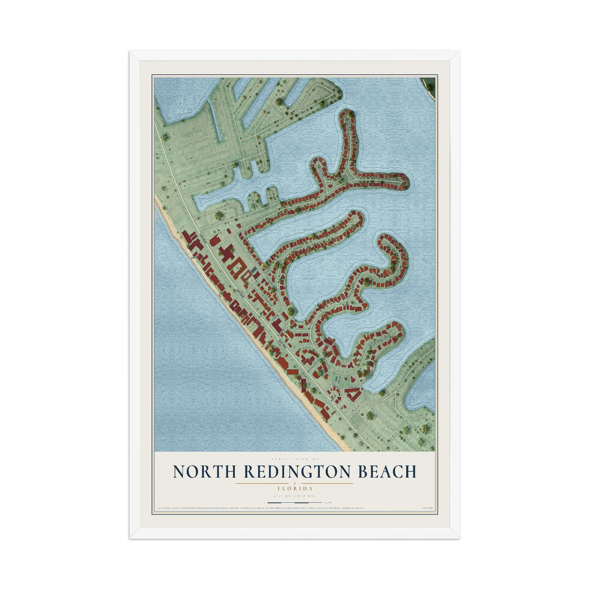 North Redington Beach, Florida map print, 12" x 18" W/ White Ayous Wood Frame mockup
