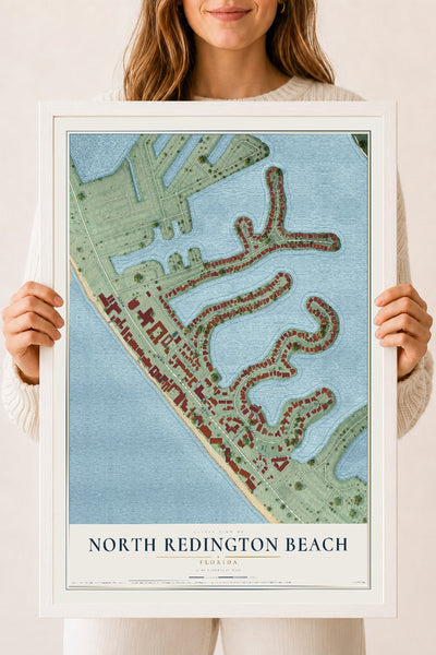 North Redington Beach, Florida map print, 18" x 24" W/ White Ayous Wood Frame mockup