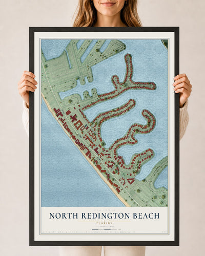 North Redington Beach, Florida map print, 24" x 36" W/ Black Ayous Wood Frame mockup