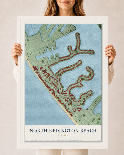 North Redington Beach, Florida map print, 24" x 36" W/ White Ayous Wood Frame mockup