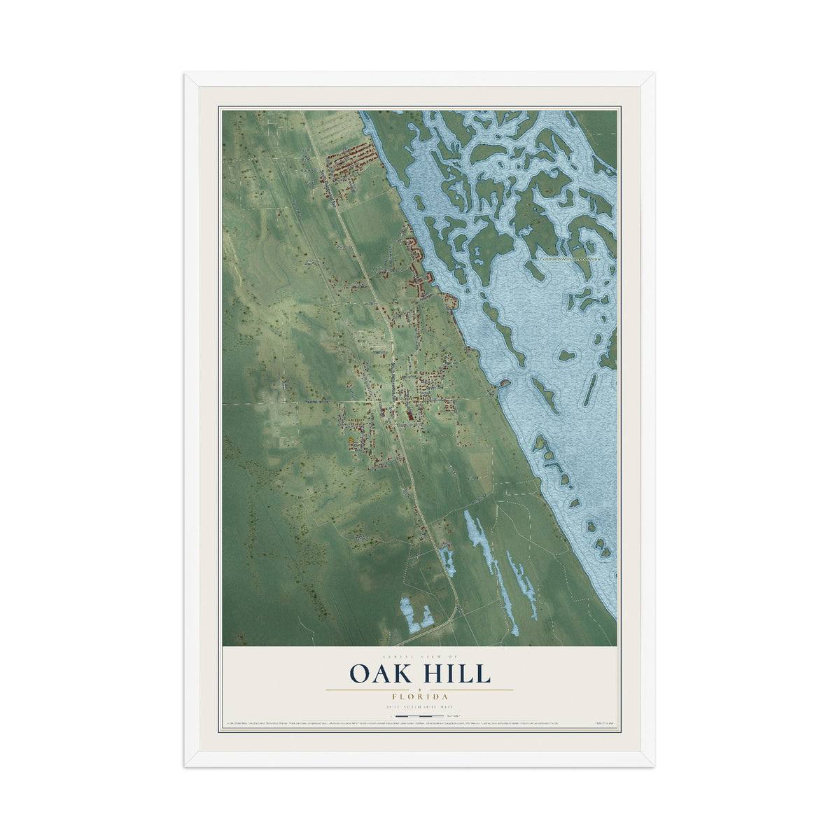 Oak Hill, Florida map print, 12" x 18" W/ White Ayous Wood Frame mockup