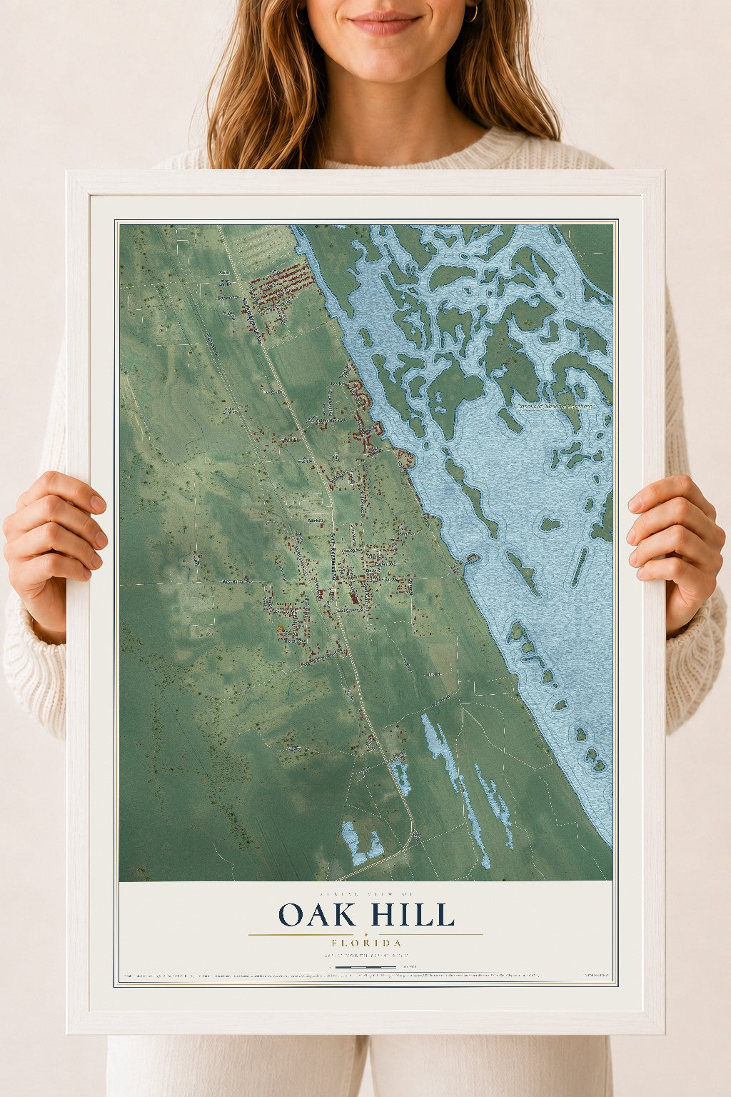 Oak Hill, Florida map print, 18" x 24" W/ White Ayous Wood Frame mockup