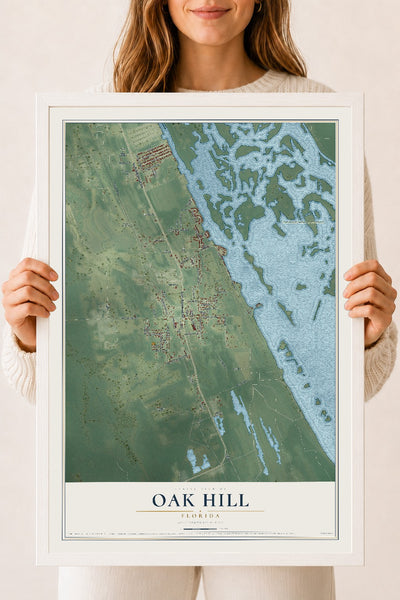Oak Hill, Florida map print, 18" x 24" W/ White Ayous Wood Frame mockup