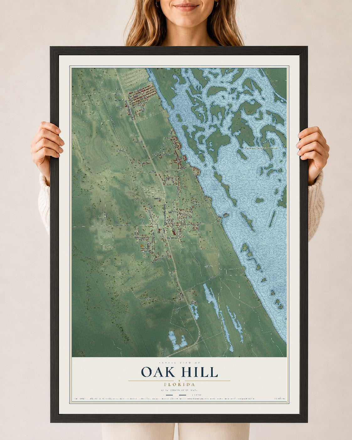 Oak Hill, Florida map print, 24" x 36" W/ Black Ayous Wood Frame mockup