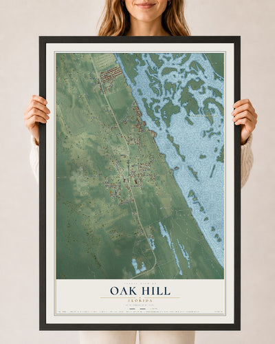 Oak Hill, Florida map print, 24" x 36" W/ Black Ayous Wood Frame mockup