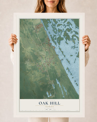 Oak Hill, Florida map print, 24" x 36" W/ White Ayous Wood Frame mockup