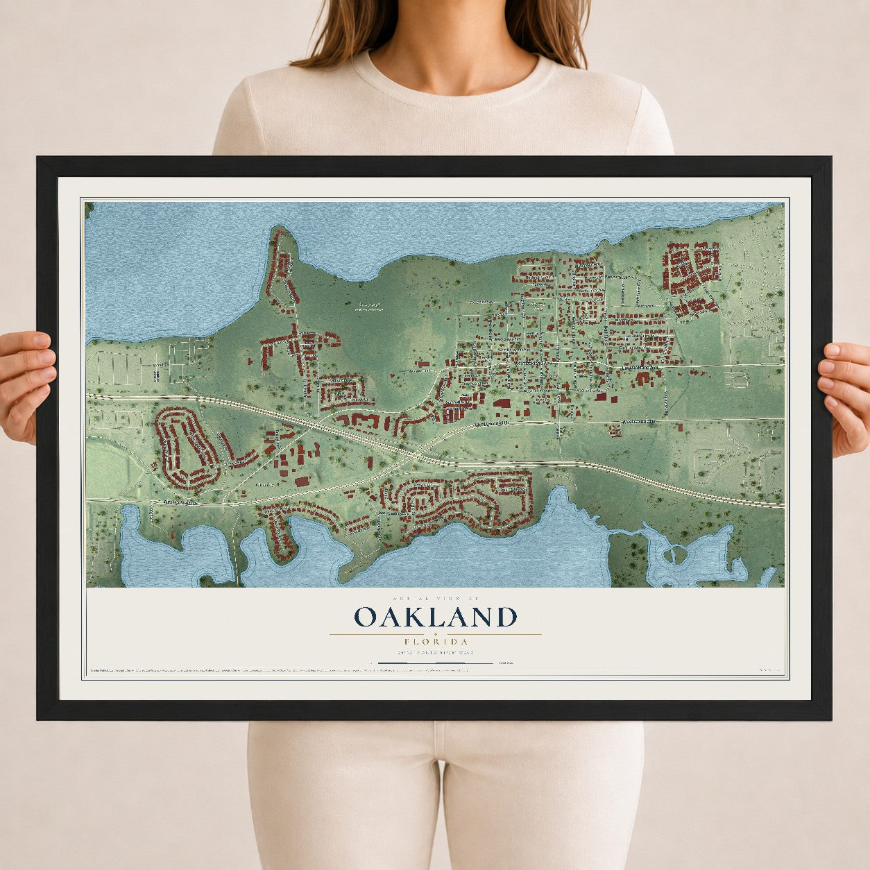 Oakland, Florida map print, 18" x 24" W/ Black Ayous Wood Frame mockup