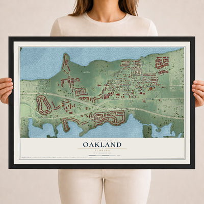 Oakland, Florida map print, 18" x 24" W/ Black Ayous Wood Frame mockup