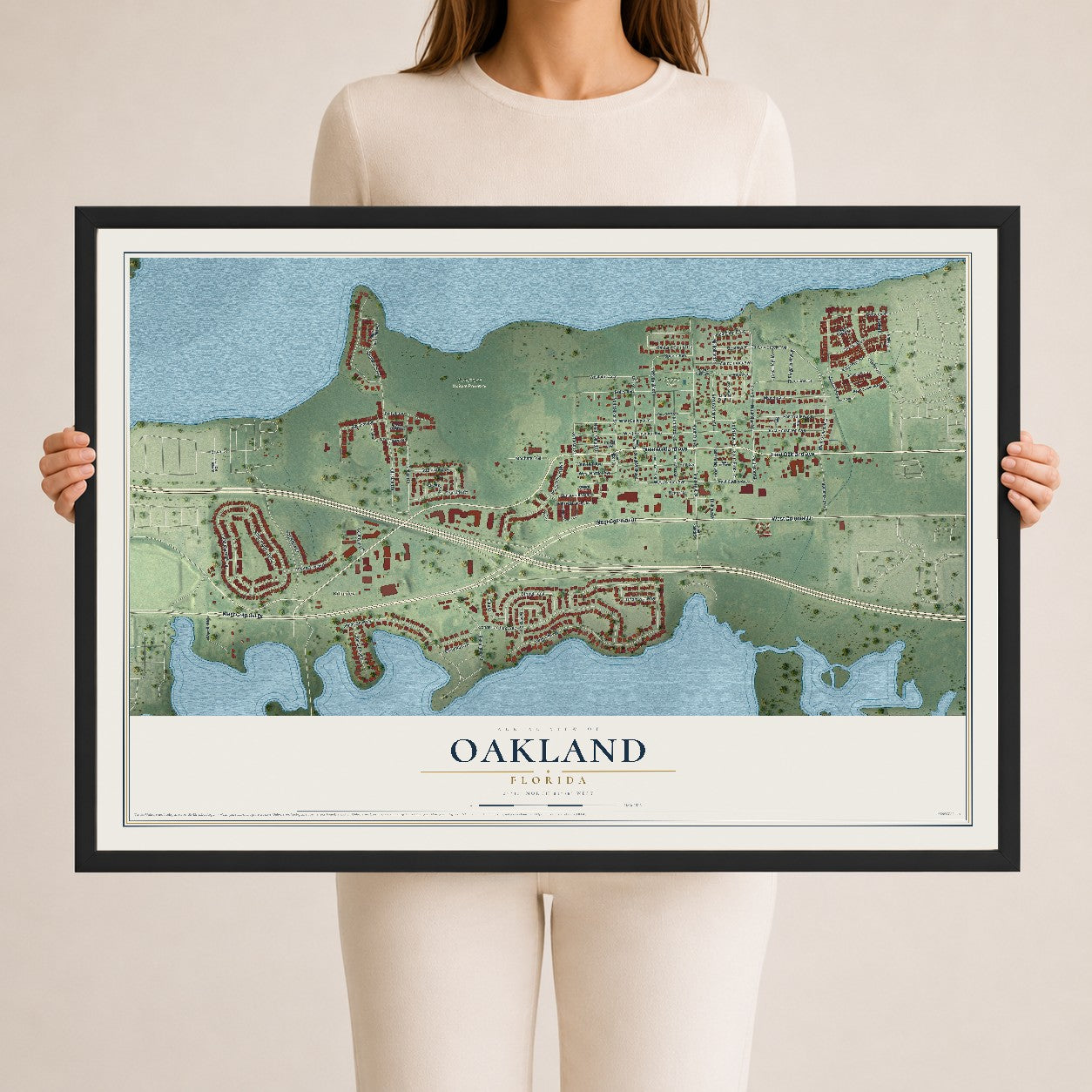 Oakland, Florida map print, 24" x 36" W/ Black Ayous Wood Frame mockup