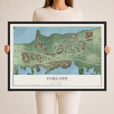 Oakland, Florida map print, 24" x 36" W/ Black Ayous Wood Frame mockup