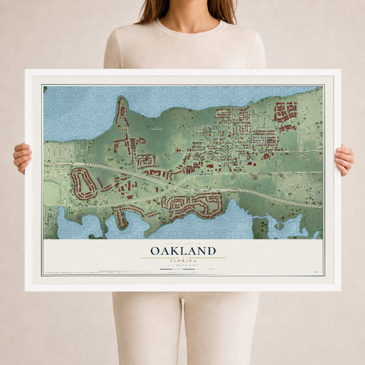 Oakland, Florida map print, 24" x 36" W/ White Ayous Wood Frame mockup