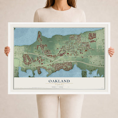Oakland, Florida map print, 24" x 36" W/ White Ayous Wood Frame mockup