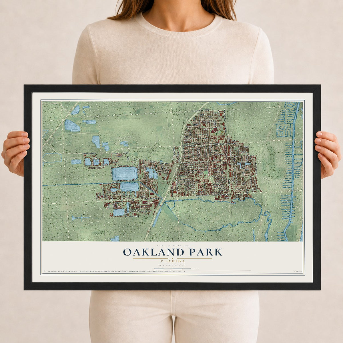 Oakland Park, Florida map print, 12" x 18" W/ Black Ayous Wood Frame mockup