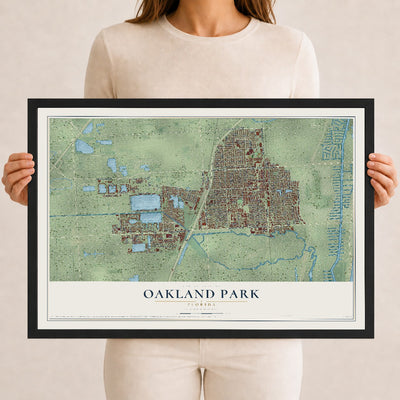 Oakland Park, Florida map print, 12" x 18" W/ Black Ayous Wood Frame mockup