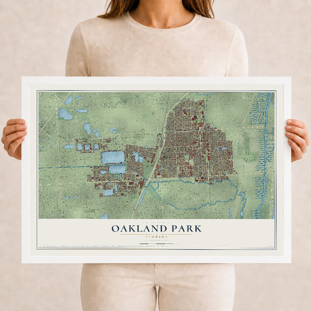 Oakland Park, Florida map print, 12" x 18" W/ White Ayous Wood Frame mockup