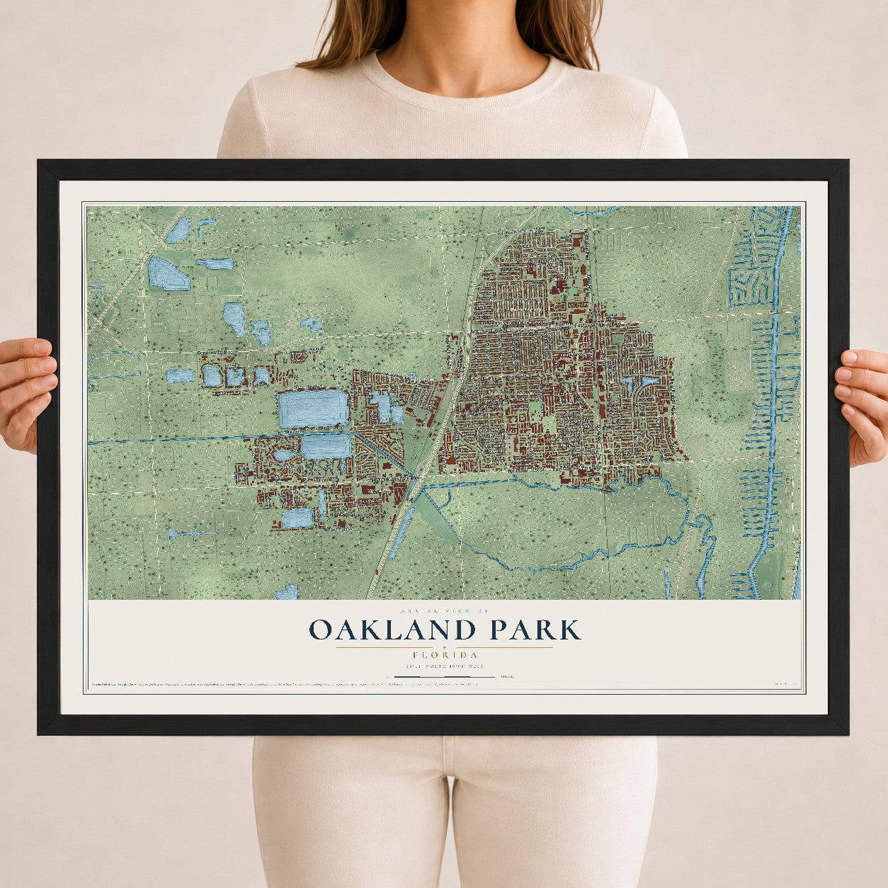 Oakland Park, Florida map print, 18" x 24" W/ Black Ayous Wood Frame mockup