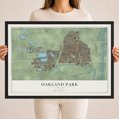 Oakland Park, Florida map print, 18" x 24" W/ Black Ayous Wood Frame mockup
