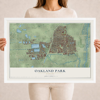 Oakland Park, Florida map print, 18" x 24" W/ White Ayous Wood Frame mockup