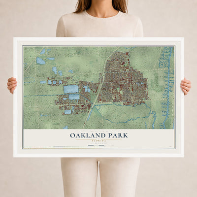 Oakland Park, Florida map print, 24" x 36" W/ White Ayous Wood Frame mockup