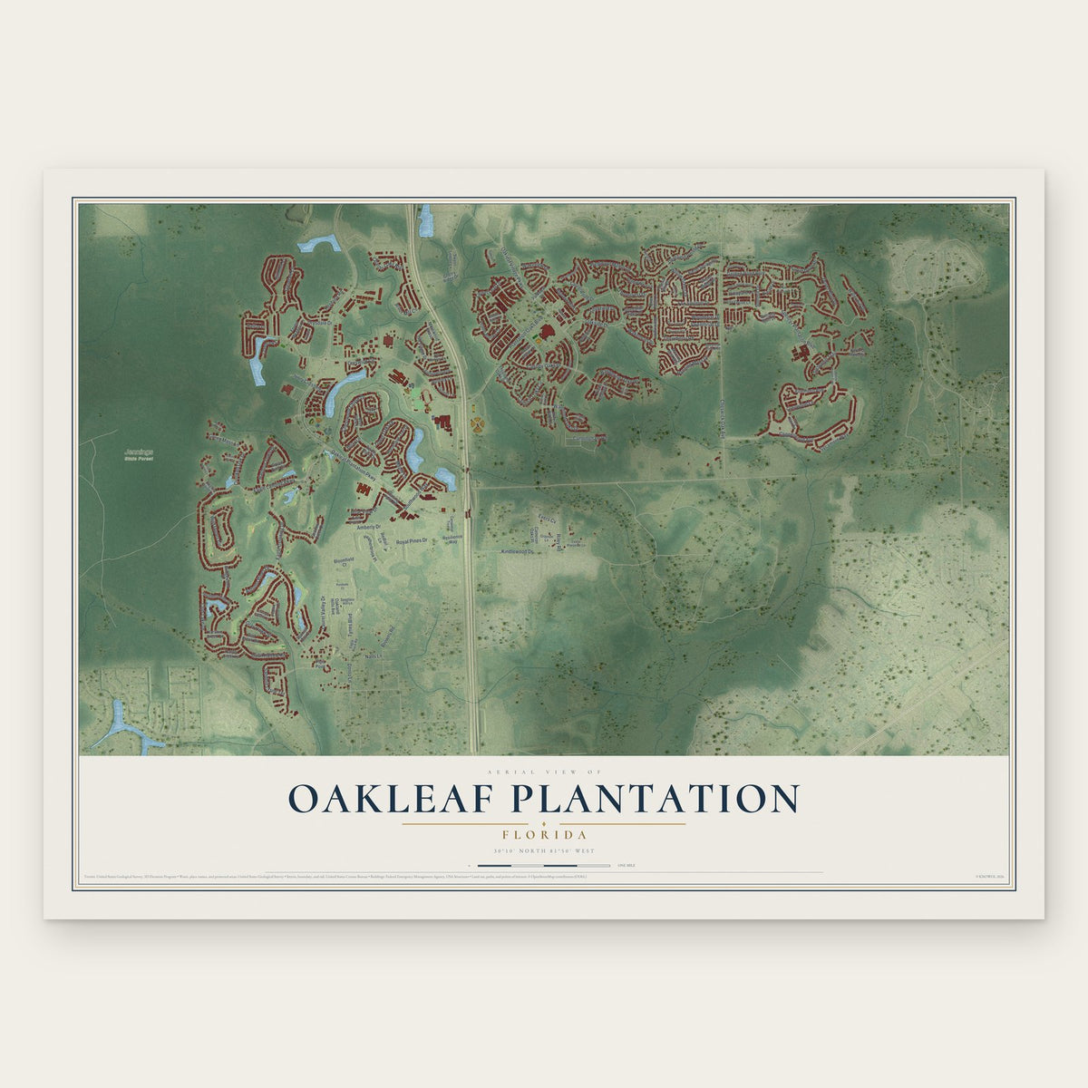 Oakleaf Plantation, Florida map print, the full design