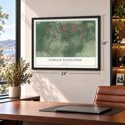 Oakleaf Plantation, Florida map, 18 x 24 inch print in a black frame in a home office