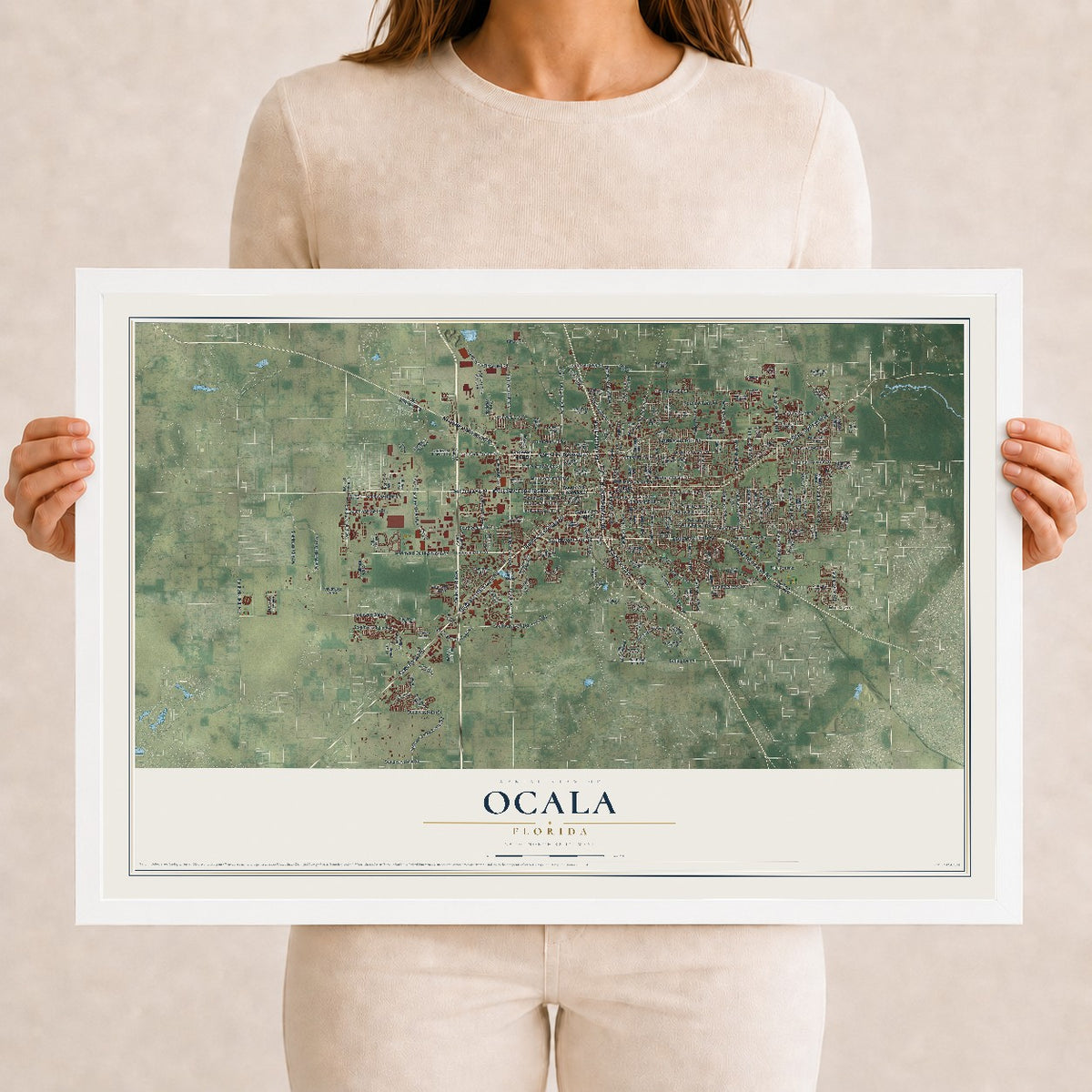 Ocala, Florida map print, 12" x 18" W/ White Ayous Wood Frame mockup