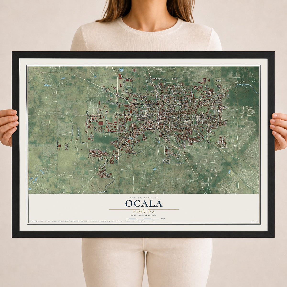 Ocala, Florida map print, 18" x 24" W/ Black Ayous Wood Frame mockup