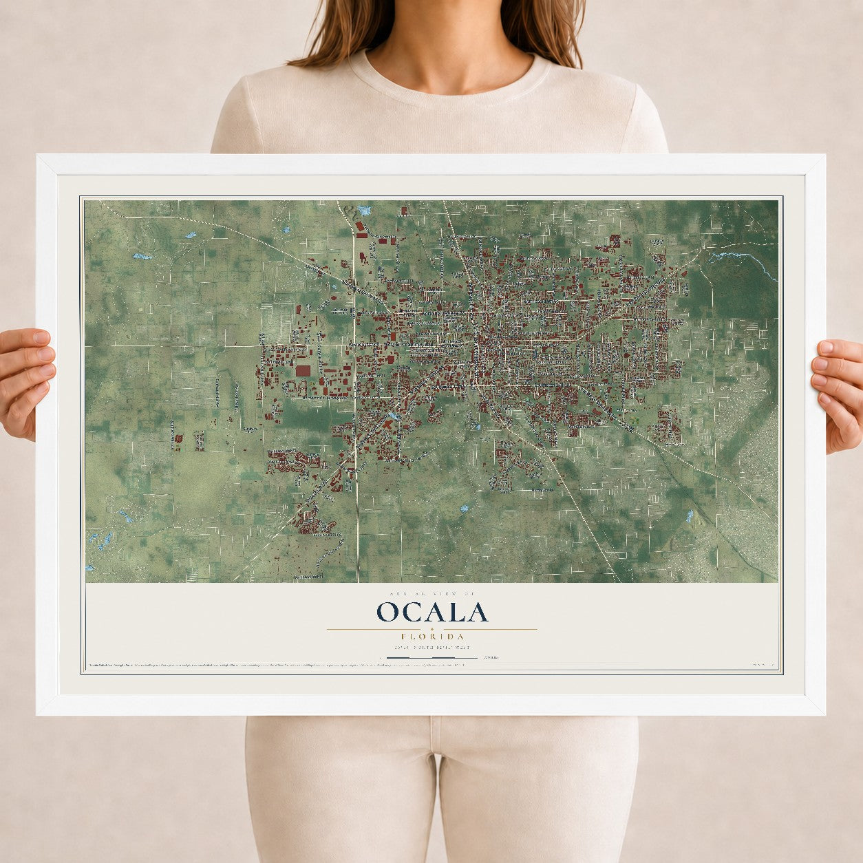 Ocala, Florida map print, 18" x 24" W/ White Ayous Wood Frame mockup