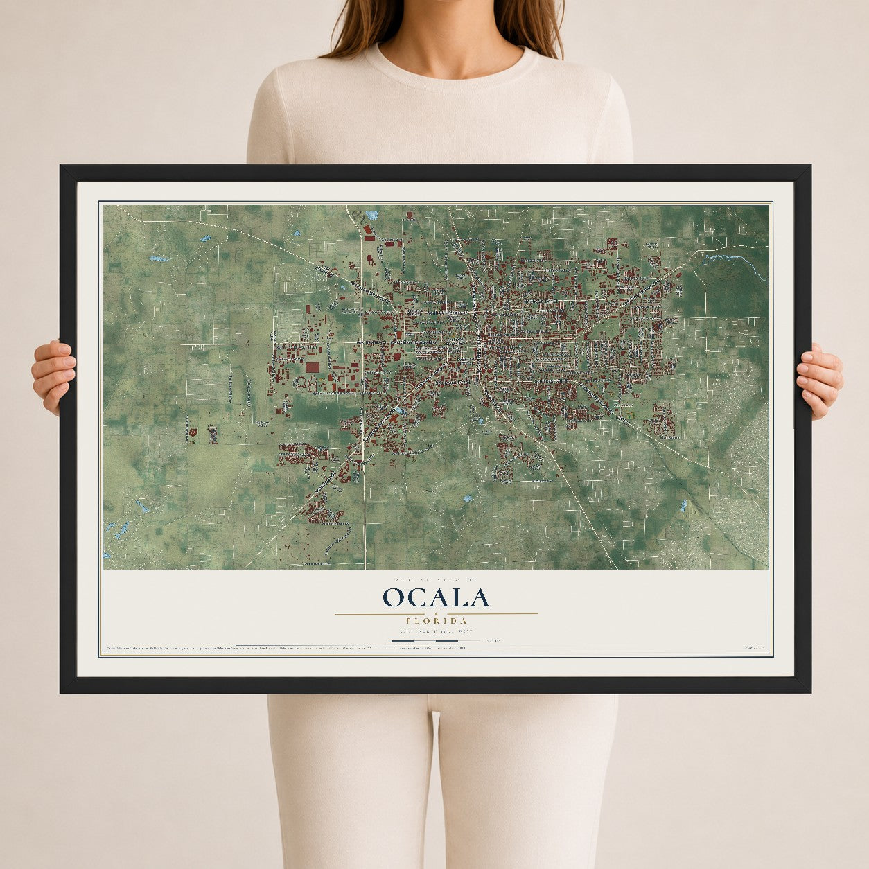 Ocala, Florida map print, 24" x 36" W/ Black Ayous Wood Frame mockup