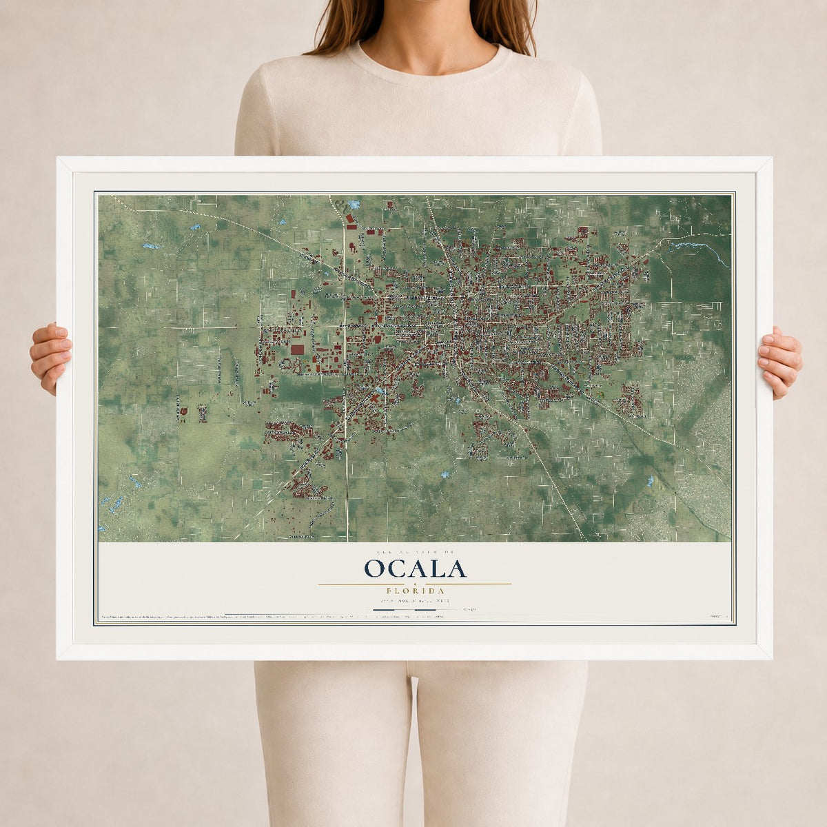 Ocala, Florida map print, 24" x 36" W/ White Ayous Wood Frame mockup