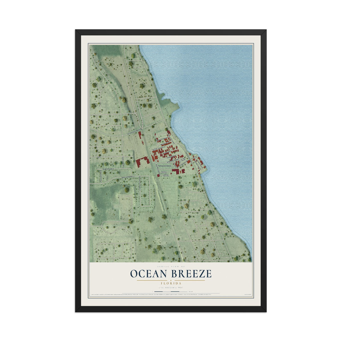 Ocean Breeze, Florida map print, 12" x 18" W/ Black Ayous Wood Frame mockup