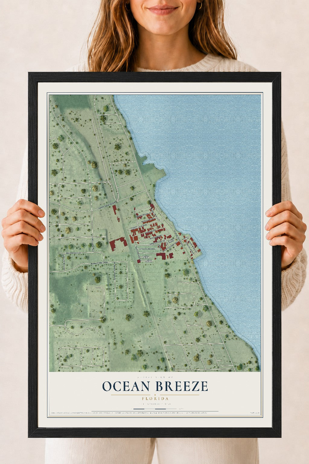 Ocean Breeze, Florida map print, 18" x 24" W/ Black Ayous Wood Frame mockup