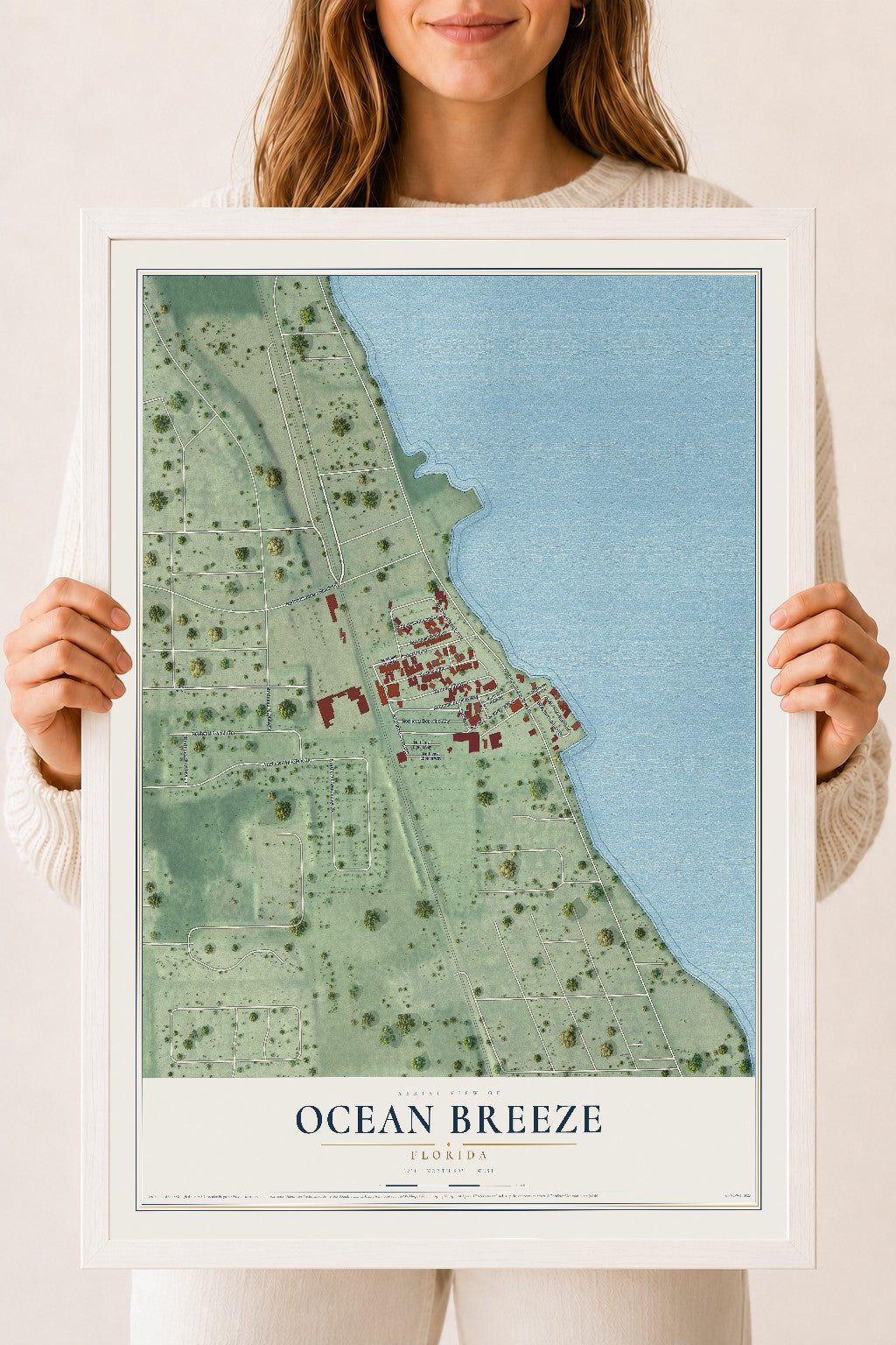 Ocean Breeze, Florida map print, 18" x 24" W/ White Ayous Wood Frame mockup