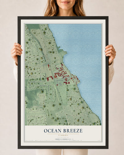 Ocean Breeze, Florida map print, 24" x 36" W/ Black Ayous Wood Frame mockup