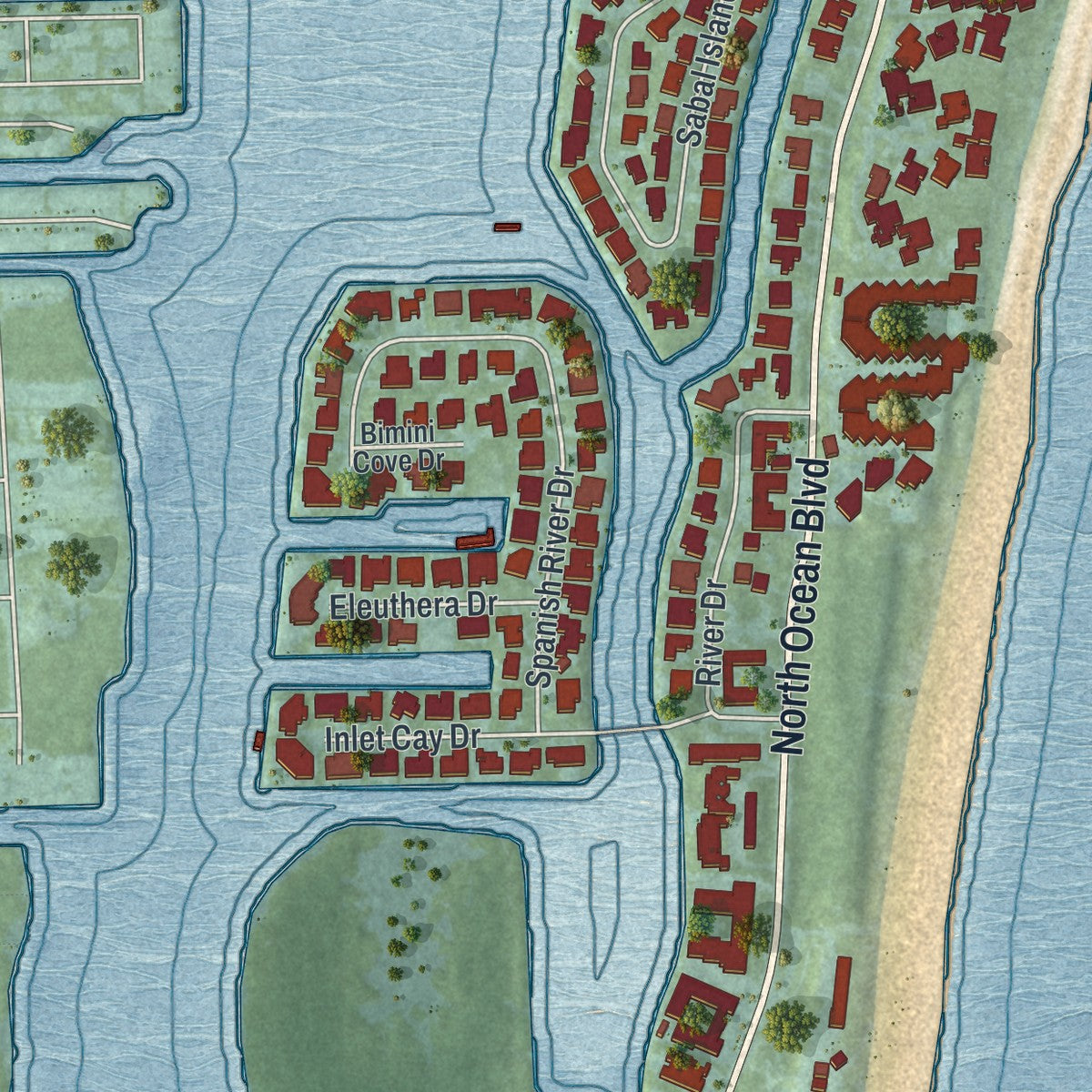 Close-up 1 of the Ocean Ridge, Florida map artwork