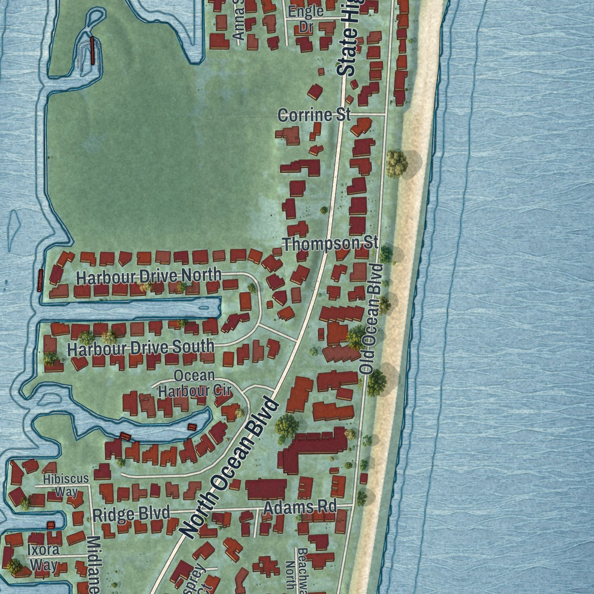 Close-up 2 of the Ocean Ridge, Florida map artwork