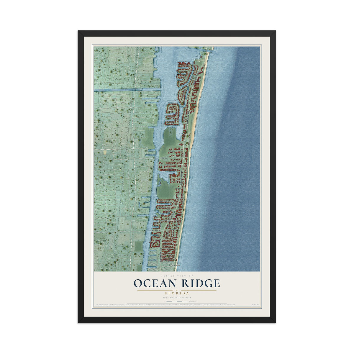 Ocean Ridge, Florida map print, 12" x 18" W/ Black Ayous Wood Frame mockup