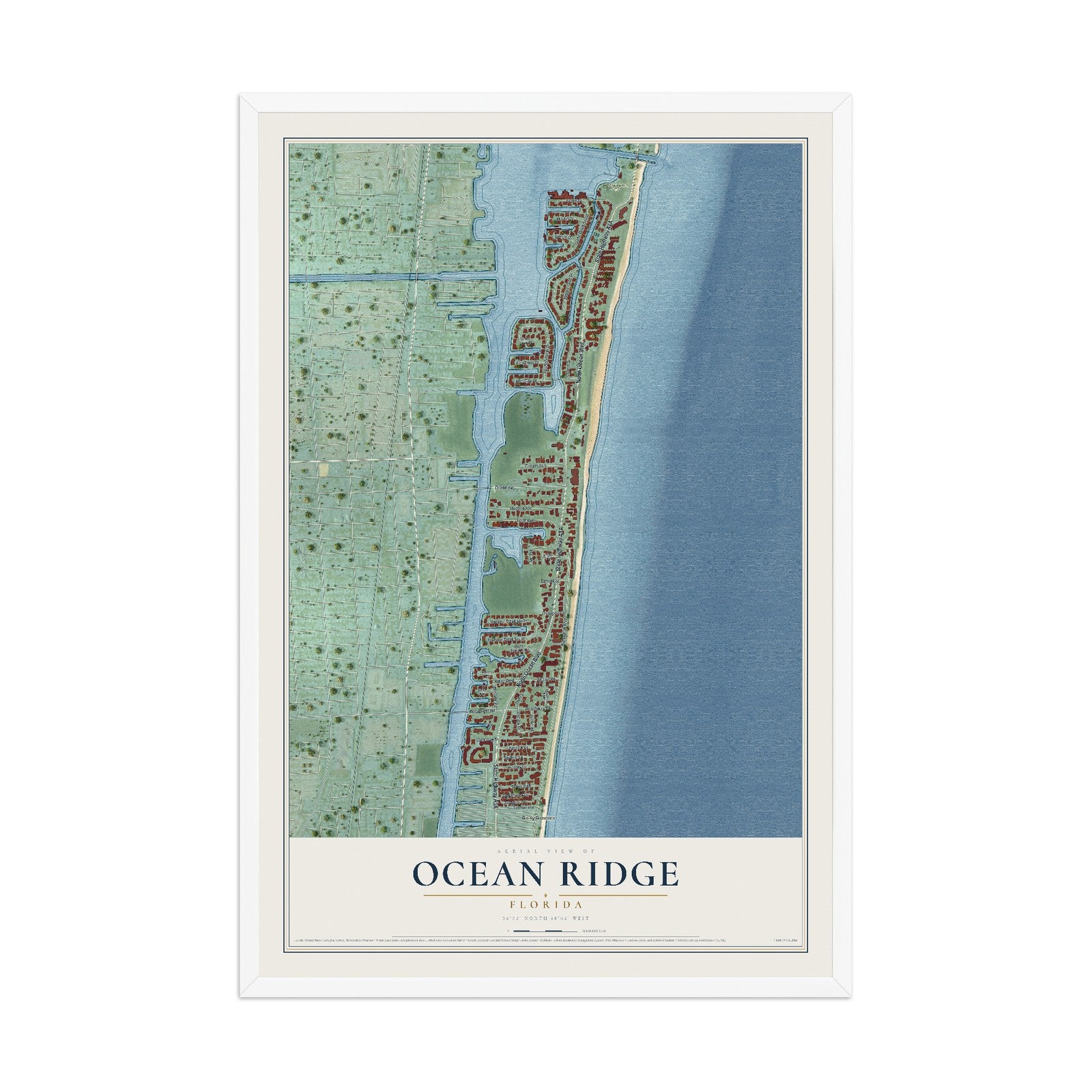 Ocean Ridge, Florida map print, 12" x 18" W/ White Ayous Wood Frame mockup