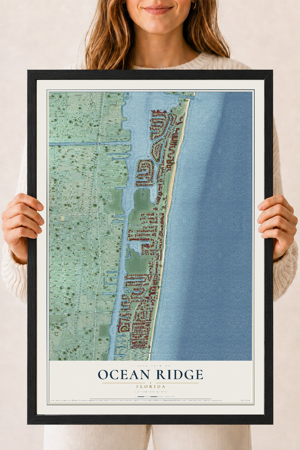 Ocean Ridge, Florida map print, 18" x 24" W/ Black Ayous Wood Frame mockup