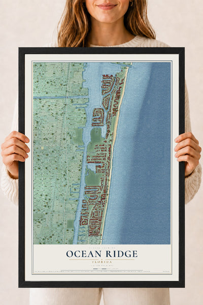 Ocean Ridge, Florida map print, 18" x 24" W/ Black Ayous Wood Frame mockup