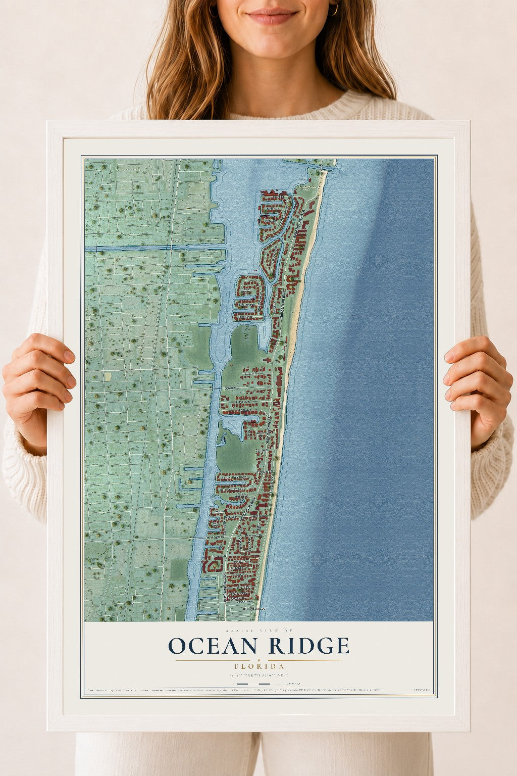 Ocean Ridge, Florida map print, 18" x 24" W/ White Ayous Wood Frame mockup